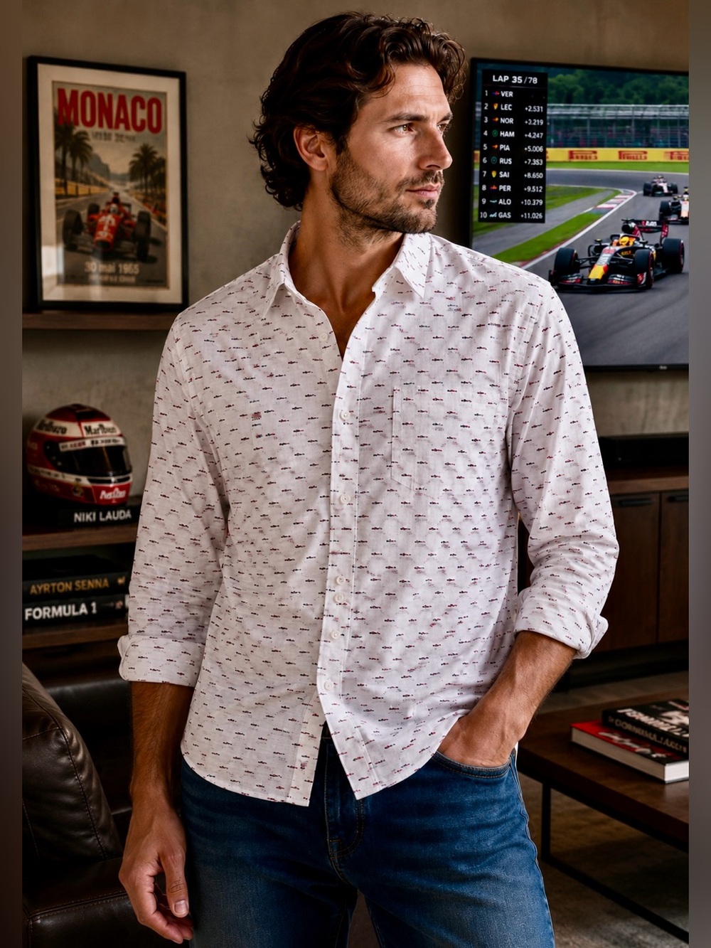 Crosby & Howard Formula Race Car Print Button-Down Shirt